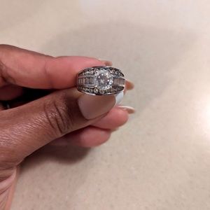 DIAMONIQUE TRIPLE ROW ROUND BAGUETTE DIAMOND RING SIZE 7 STERLING SILVER